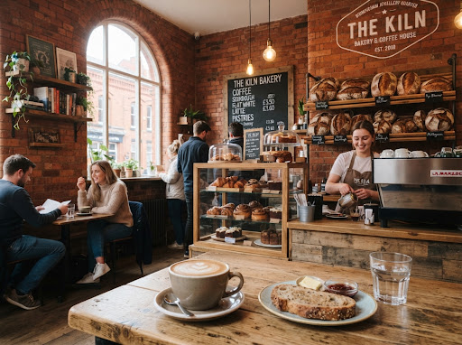 Artisan bakery interior at The Kiln in the Jewellery Quarter with fresh bread and coffee